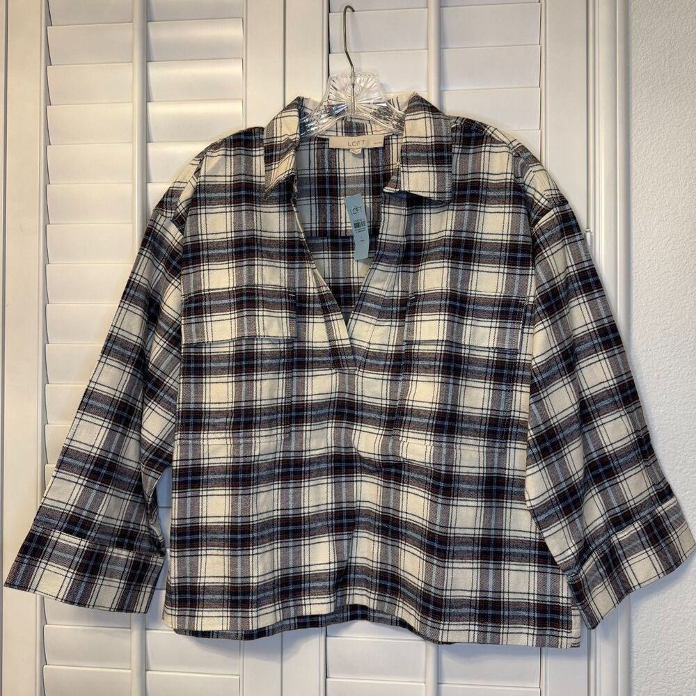 LOFT Plaid Cotton V-Neck Boxy Popover Preppy Navy Blue Size Large Petite NWT